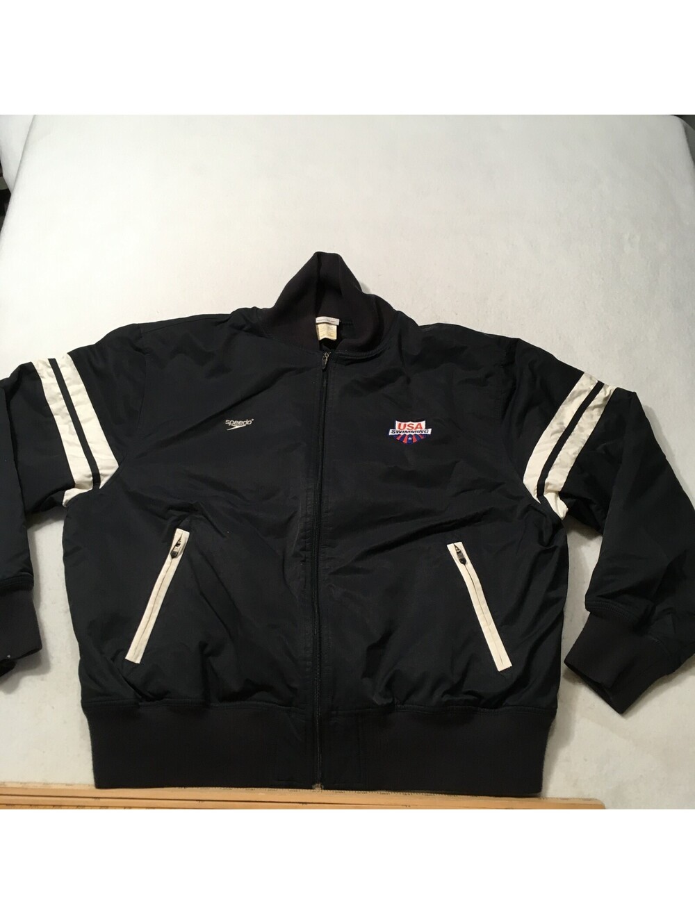 Speedo Men's BLACK WHITE QUILTED BOMBER Full Zip USA Swimming Team XL